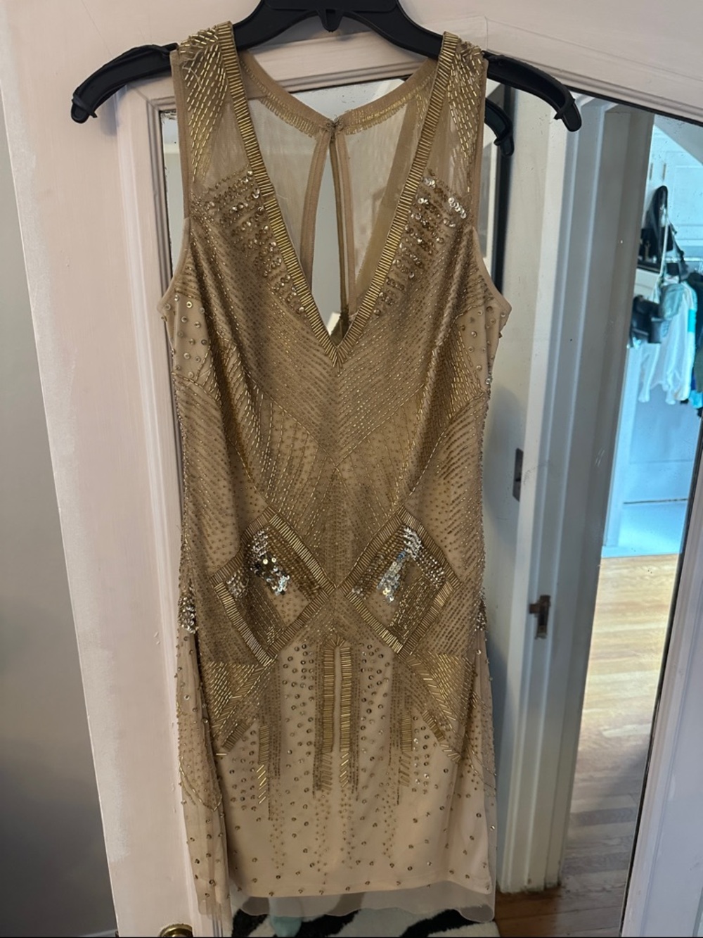 Aidan Mattox Gold Beaded V-Neck Midi Dress